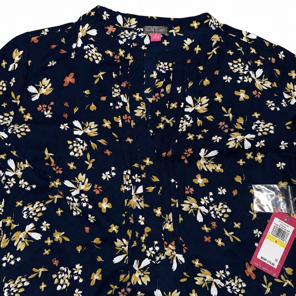 Vince Camuto Womens M Navy Floral Split Neck Balloon Sleeve Blouse NWT - Picture 2 of 8